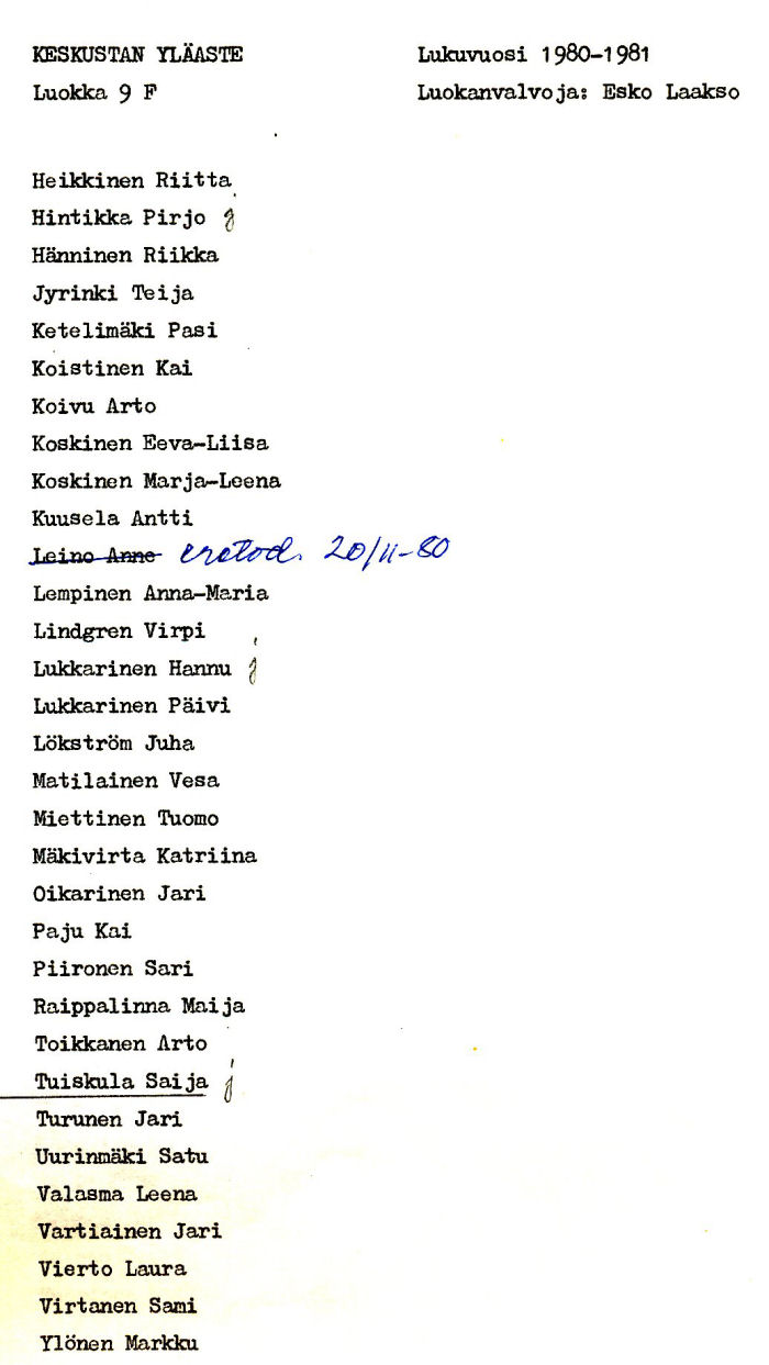 Oppilasluettelo yl�aste 1980-81 sivu 18