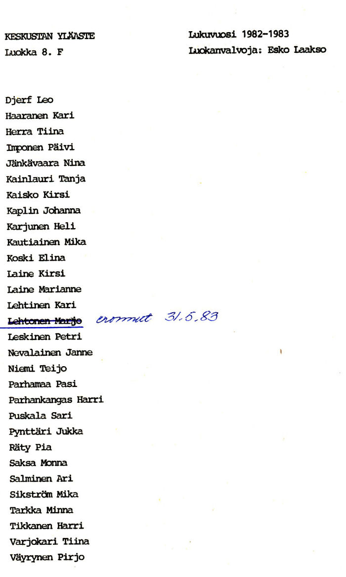 Oppilasluettelo yl�aste 1982-83 sivu 11