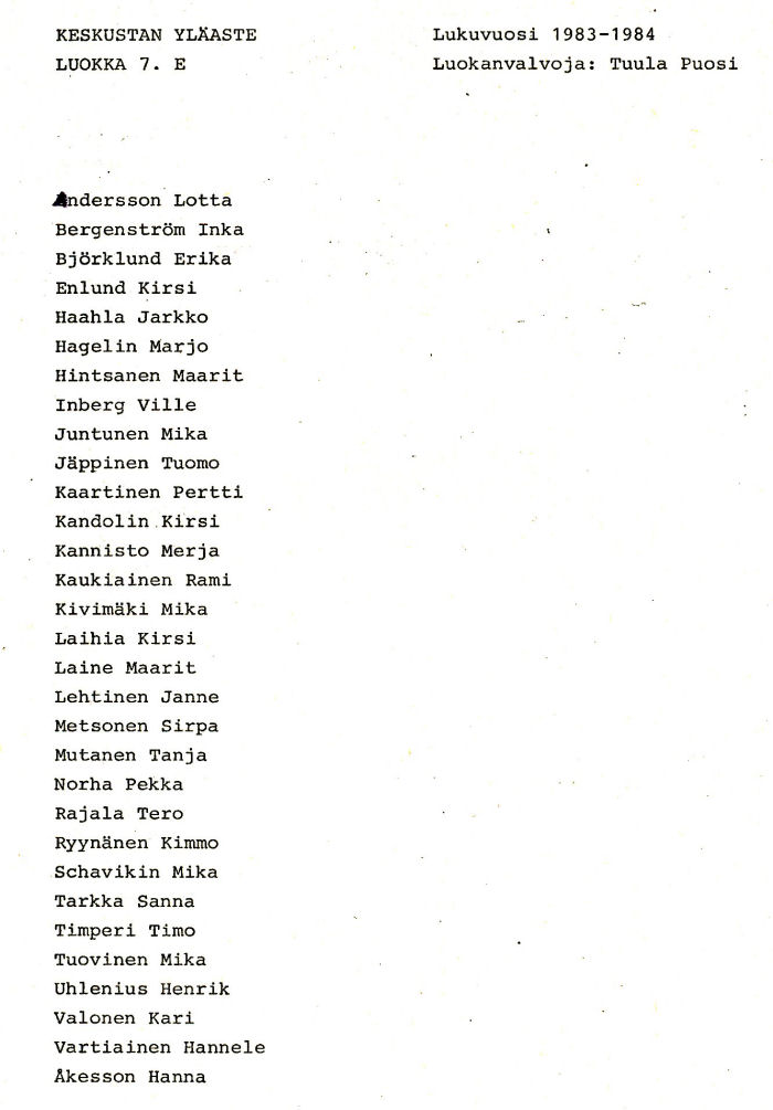 Oppilasluettelo yl�aste 1983-84 sivu 5