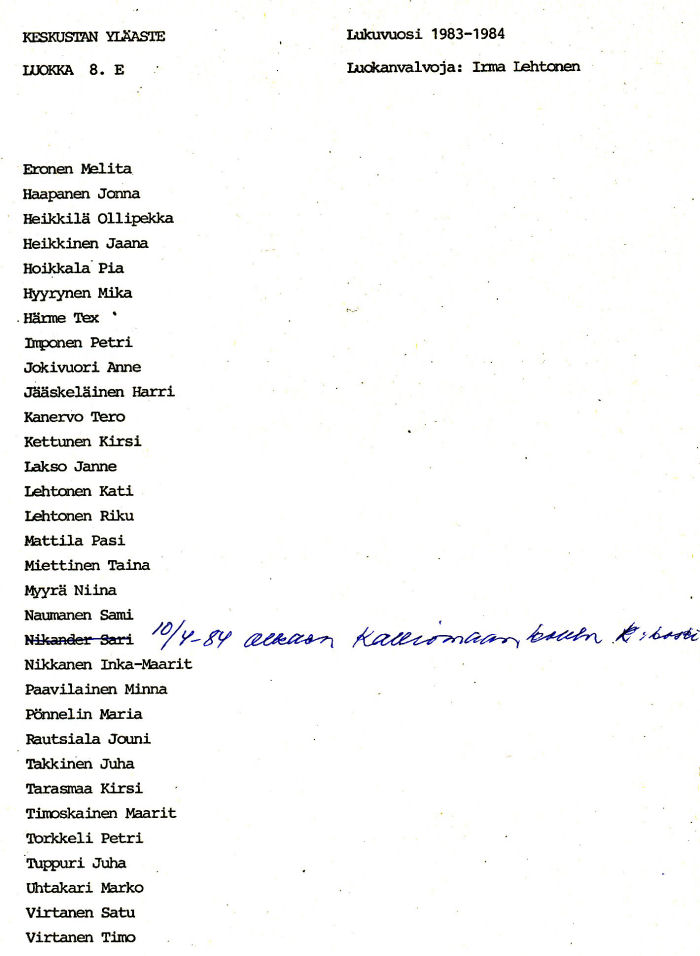 Oppilasluettelo yl�aste 1983-84 sivu 10