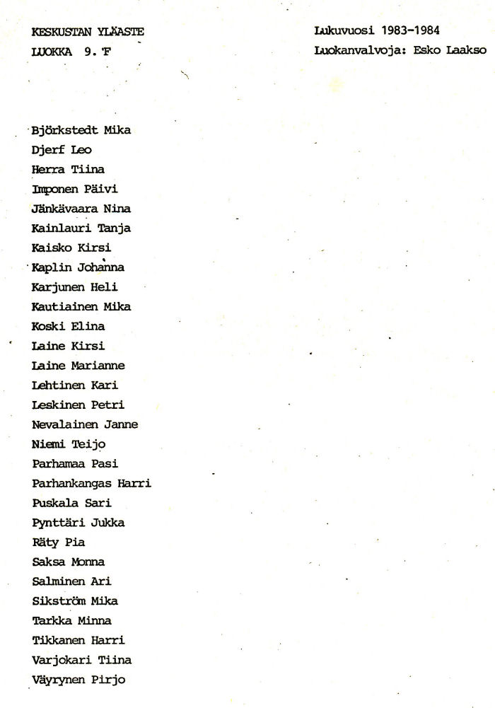 Oppilasluettelo yl�aste 1983-84 sivu 16