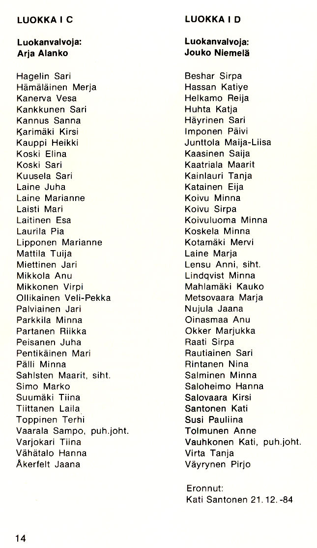 Oppilasluettelo 1984-85 sivu 2
