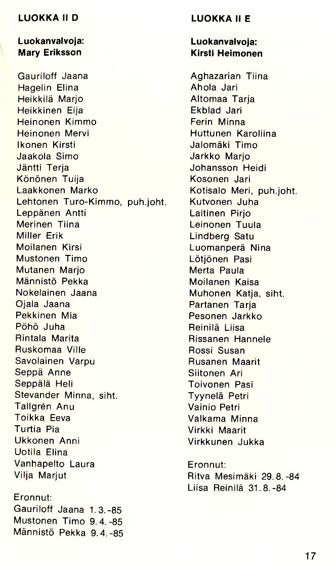 Oppilasluettelo 1984-85 sivu 5