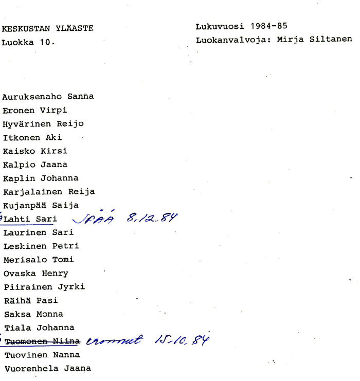 Oppilasluettelo yl�aste 1984-85 sivu 16