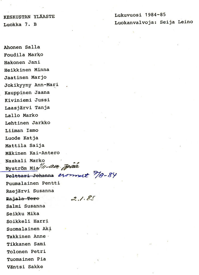 Oppilasluettelo yl�aste 1984-85 sivu 2