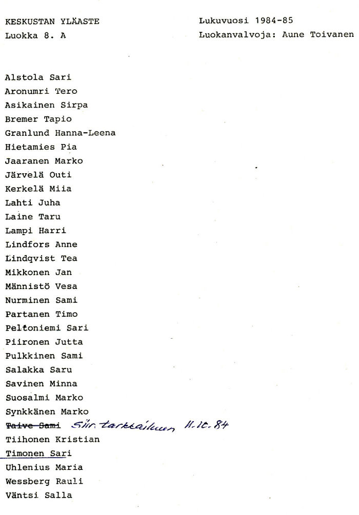 Oppilasluettelo yl�aste 1984-85 sivu 6