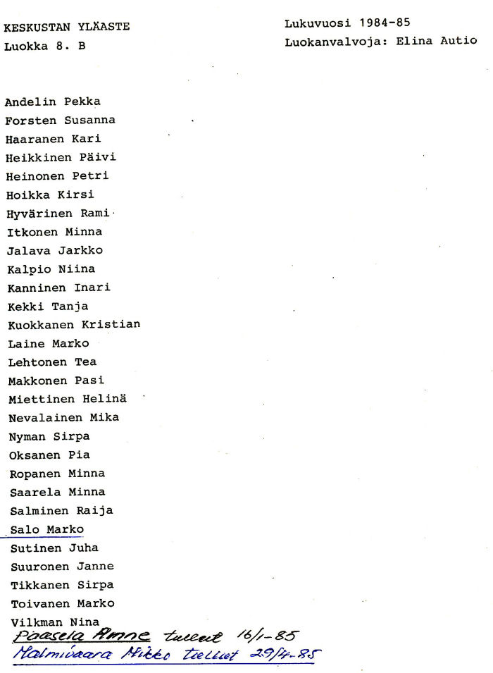 Oppilasluettelo yl�aste 1984-85 sivu 7