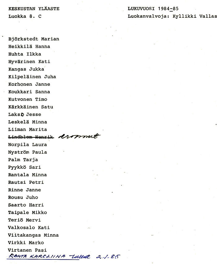 Oppilasluettelo yl�aste 1984-85 sivu 8