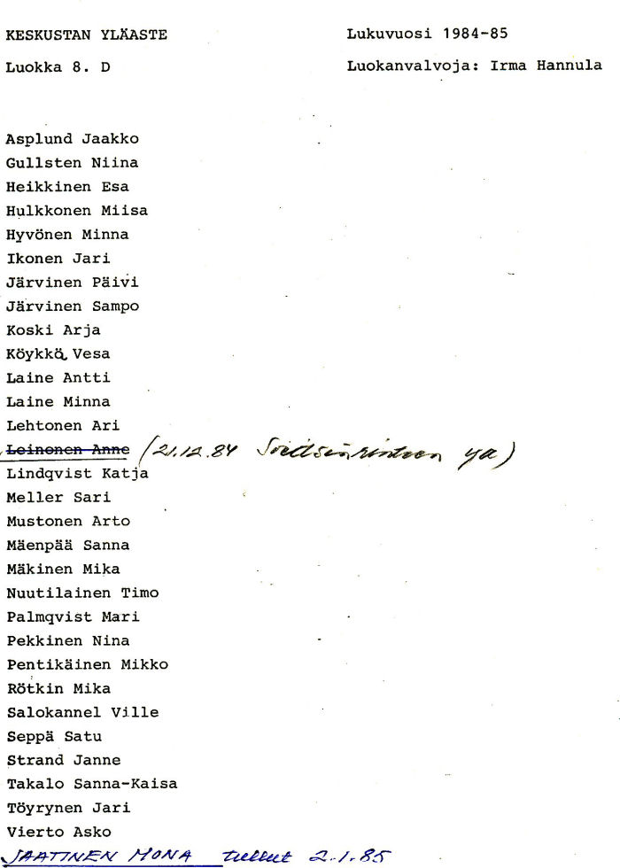 Oppilasluettelo yl�aste 1984-85 sivu 9