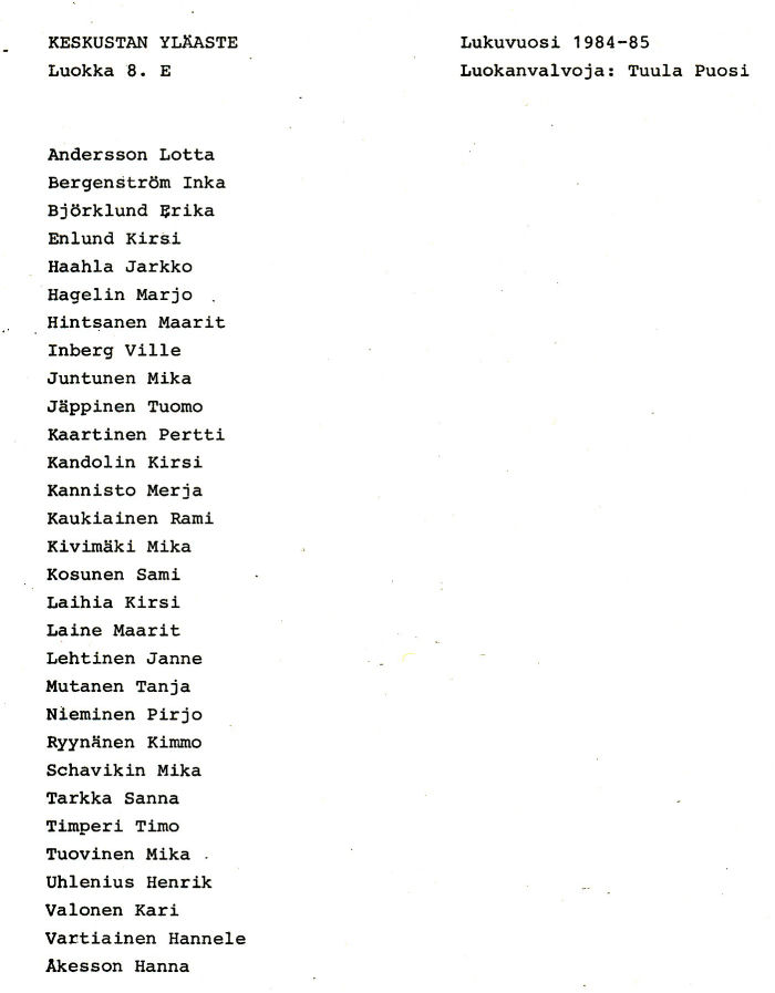 Oppilasluettelo yl�aste 1984-85 sivu 10