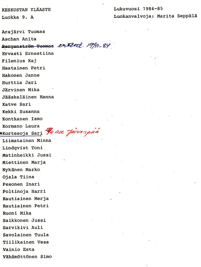 Oppilasluettelo yl�aste 1984-85 sivu 11