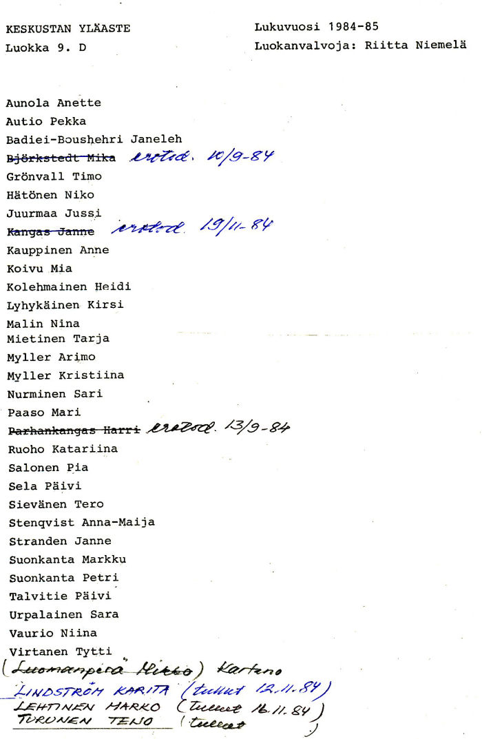 Oppilasluettelo yl�aste 1984-85 sivu 14