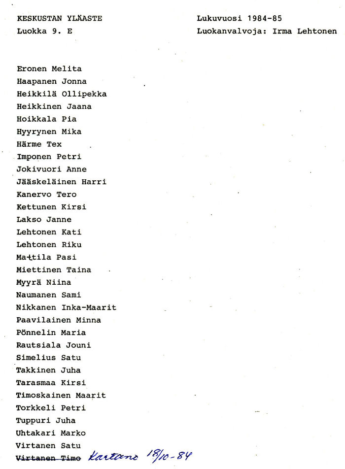 Oppilasluettelo yl�aste 1984-85 sivu 15