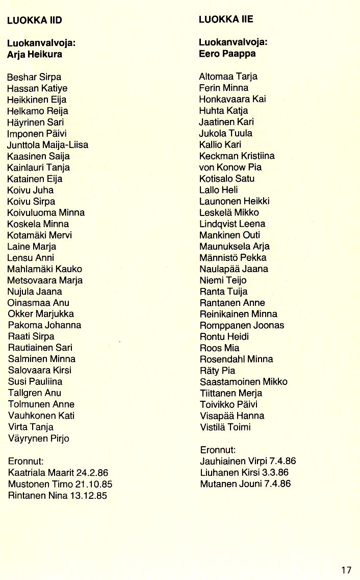 Oppilasluettelo 1985-86 sivu 5