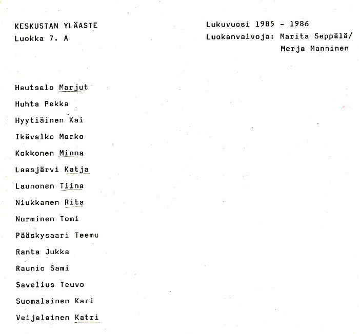 Oppilasluettelo yl�aste 1985-86 sivu 1