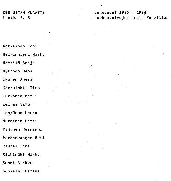 Oppilasluettelo yl�aste 1985-86 sivu 2