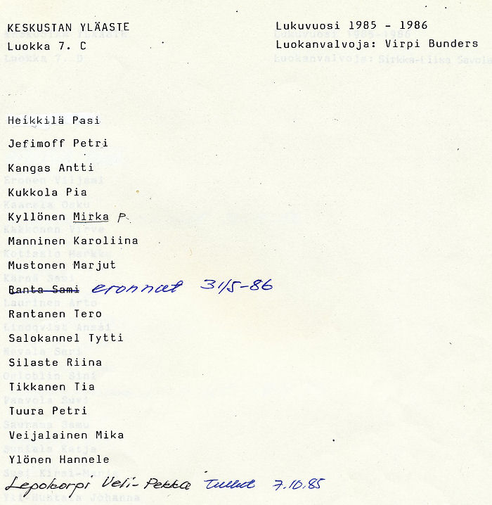 Oppilasluettelo yl�aste 1985-86 sivu 3
