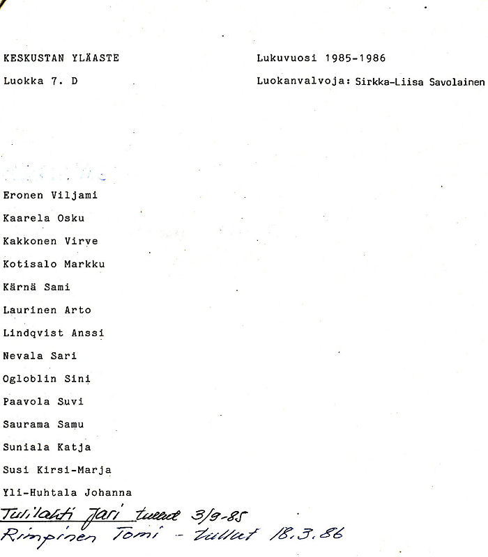 Oppilasluettelo yl�aste 1985-86 sivu 4