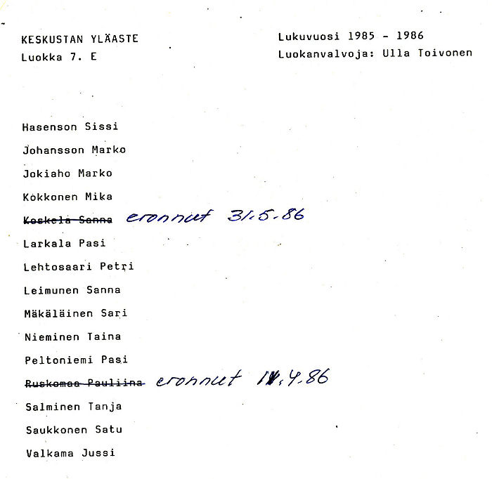 Oppilasluettelo yl�aste 1985-86 sivu 5