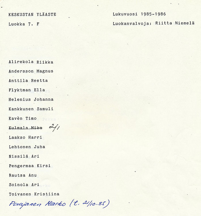 Oppilasluettelo yl�aste 1985-86 sivu 6