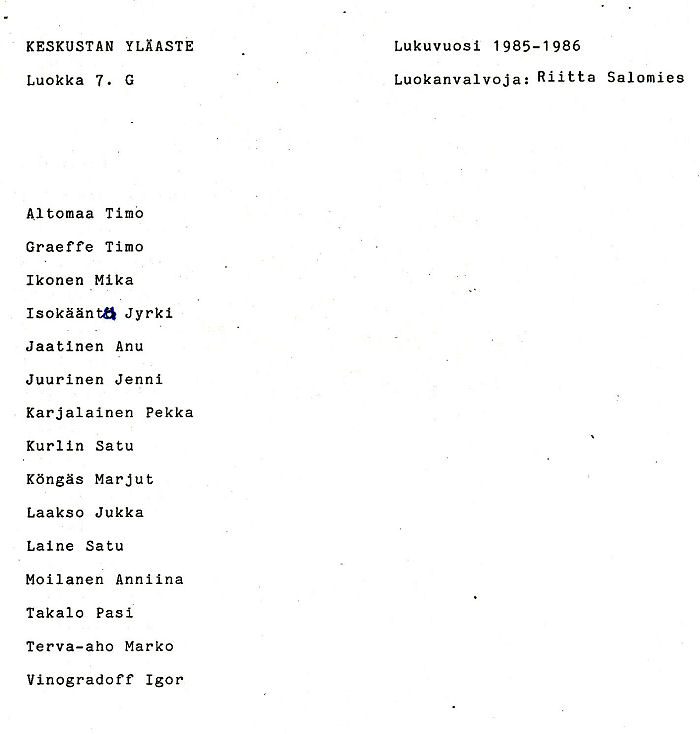 Oppilasluettelo yl�aste 1985-86 sivu 7