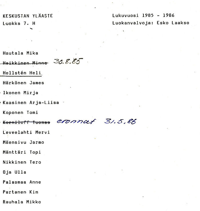 Oppilasluettelo yl�aste 1985-86 sivu 8