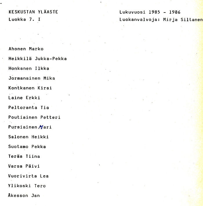 Oppilasluettelo yl�aste 1985-86 sivu 9