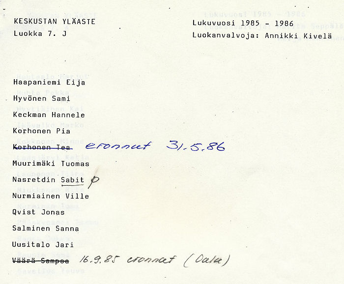 Oppilasluettelo yl�aste 1985-86 sivu 10