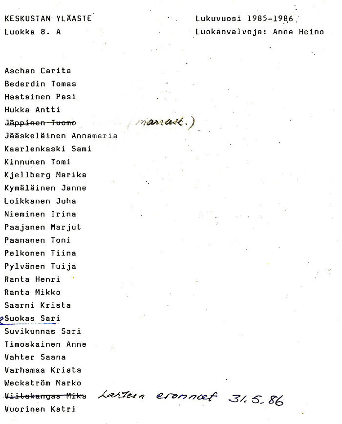 Oppilasluettelo yl�aste 1985-86 sivu 11