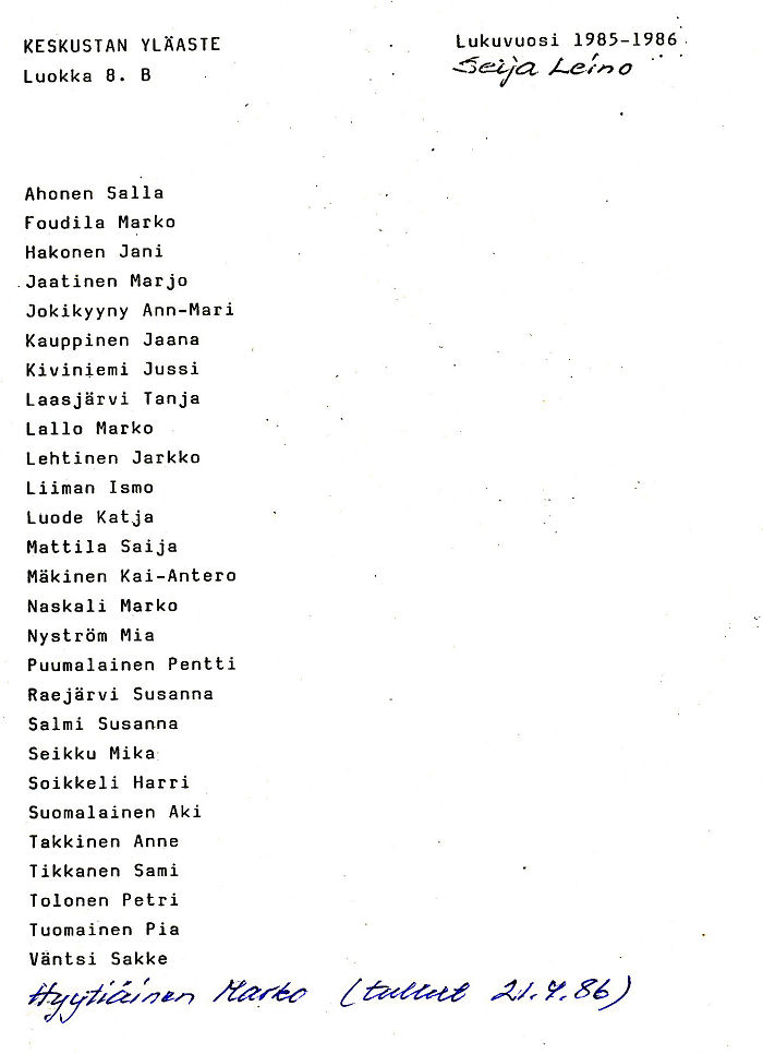 Oppilasluettelo yl�aste 1985-86 sivu 12