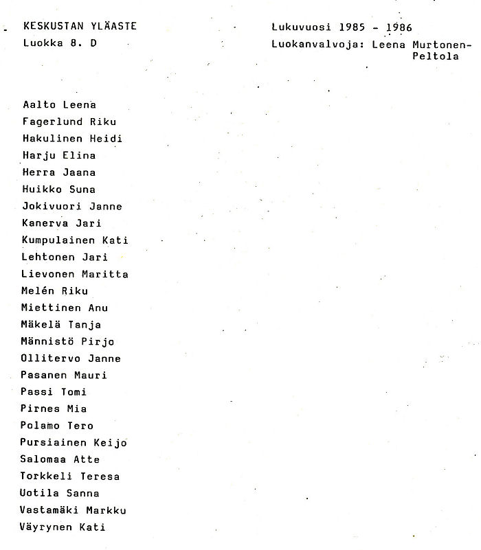 Oppilasluettelo yl�aste 1985-86 sivu 14