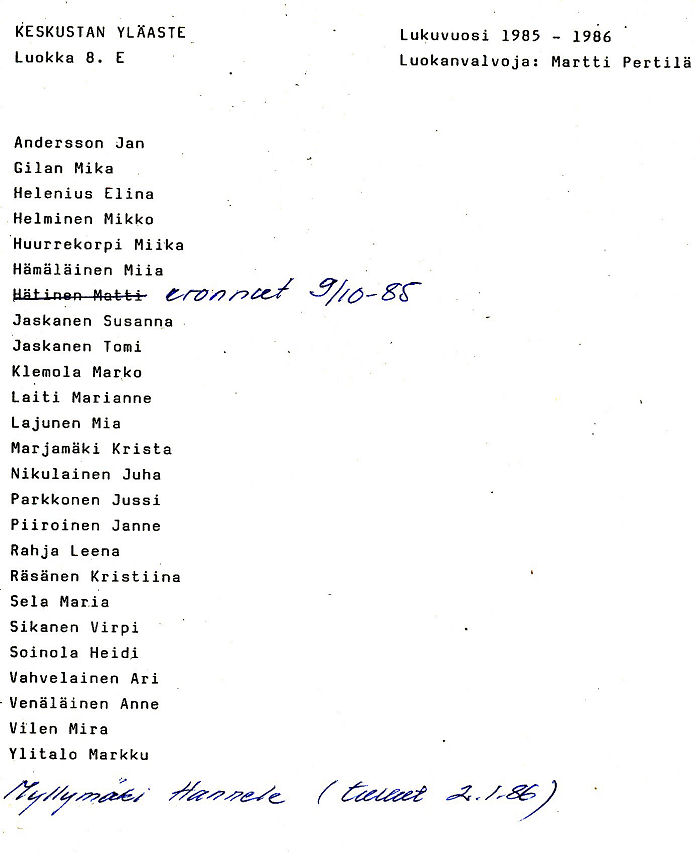 Oppilasluettelo yl�aste 1985-86 sivu 15