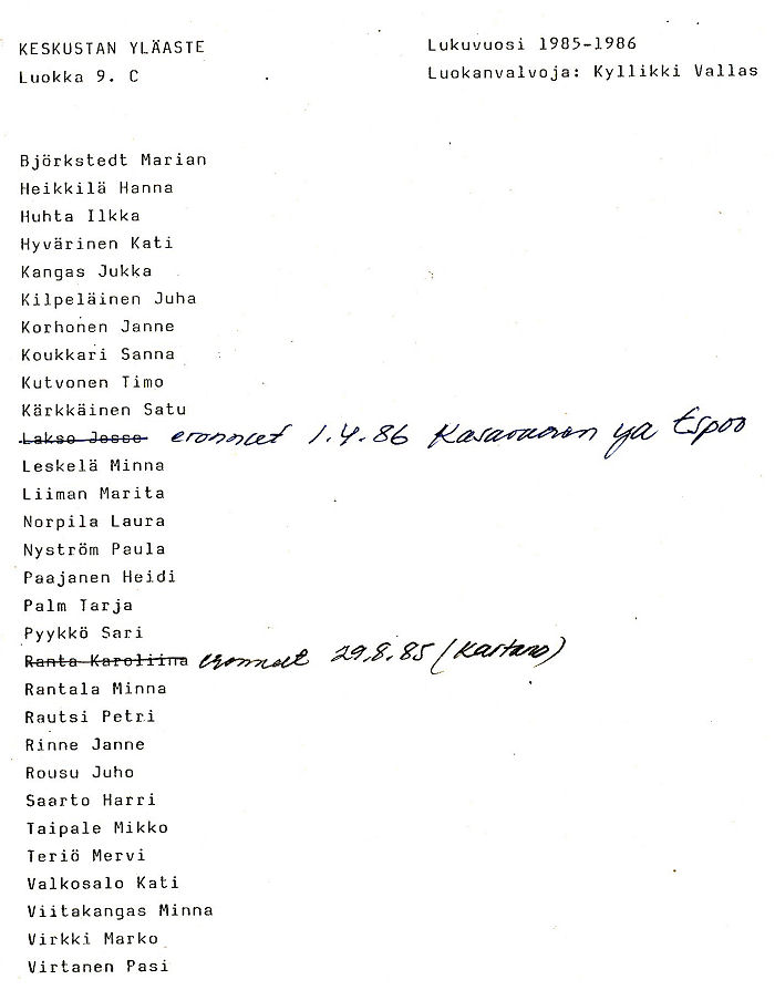 Oppilasluettelo yl�aste 1985-86 sivu 18