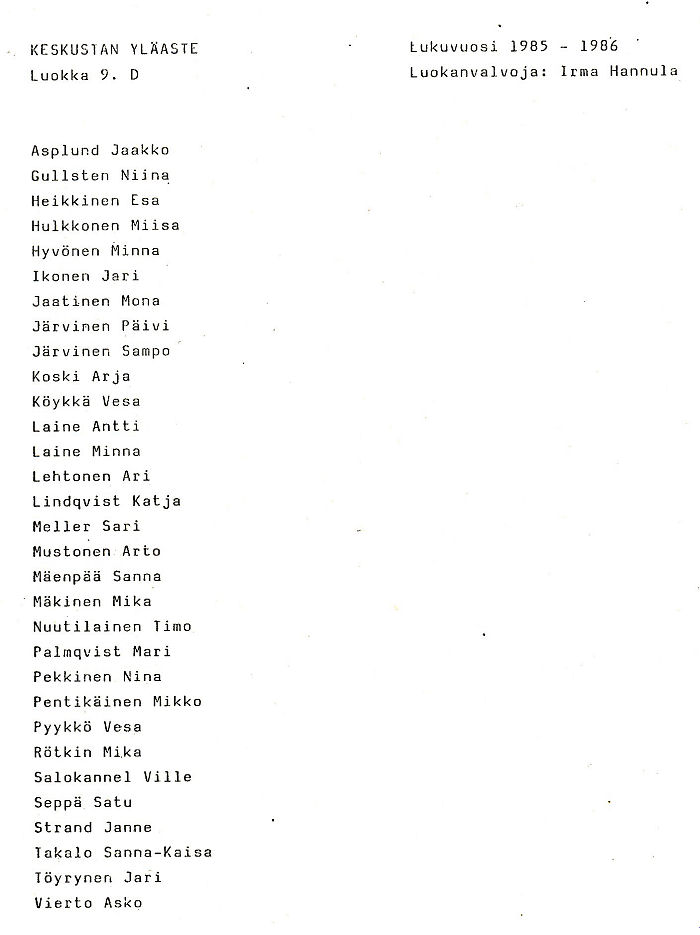 Oppilasluettelo yl�aste 1985-86 sivu 19