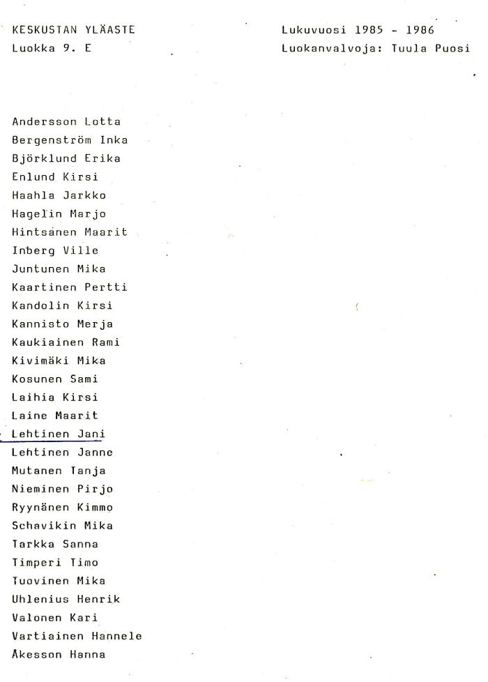 Oppilasluettelo yl�aste 1985-86 sivu 20