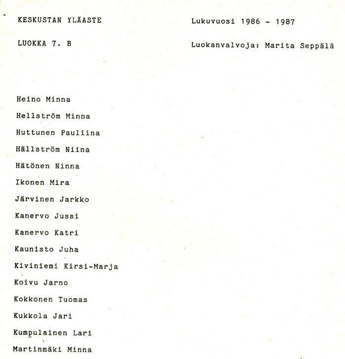 Oppilasluettelo yl�aste 1986-87 sivu 2