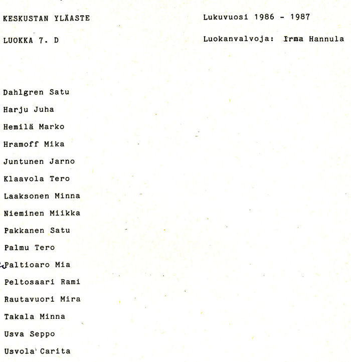 Oppilasluettelo yl�aste 1986-87 sivu 4