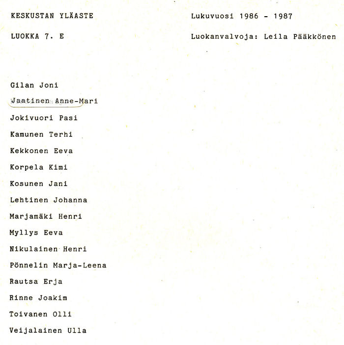 Oppilasluettelo yl�aste 1986-87 sivu 5
