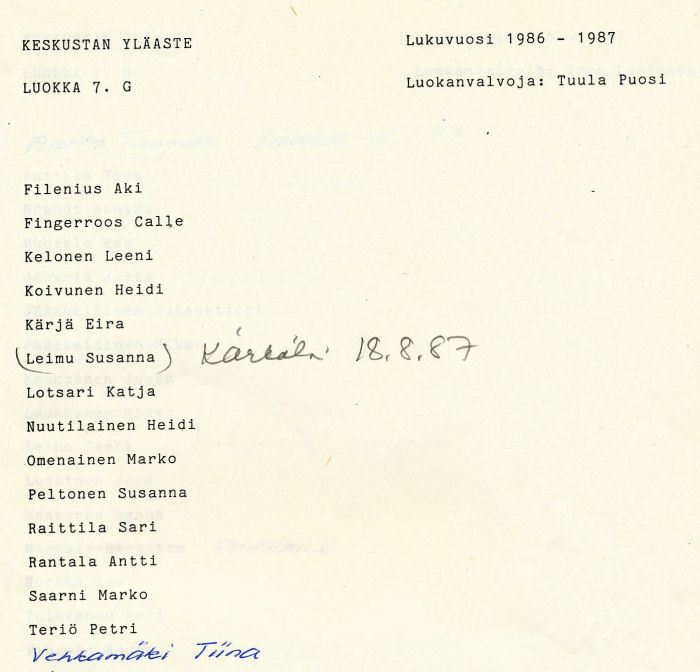 Oppilasluettelo yl�aste 1986-87 sivu 7