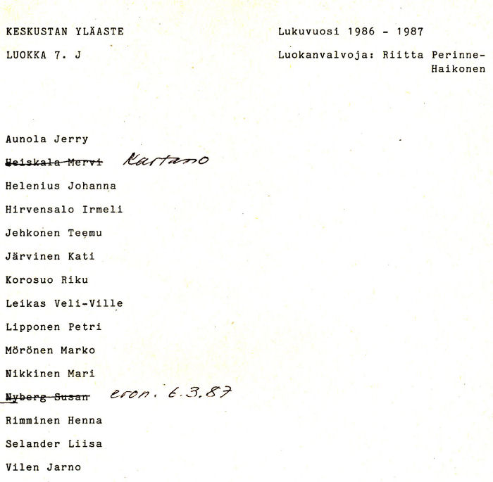 Oppilasluettelo yl�aste 1986-87 sivu 10