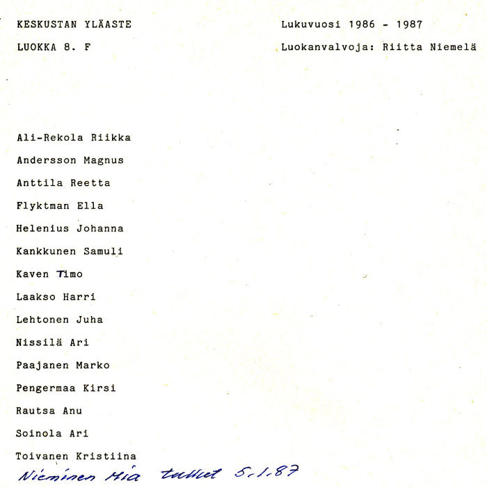 Oppilasluettelo yl�aste 1986-87 sivu 16