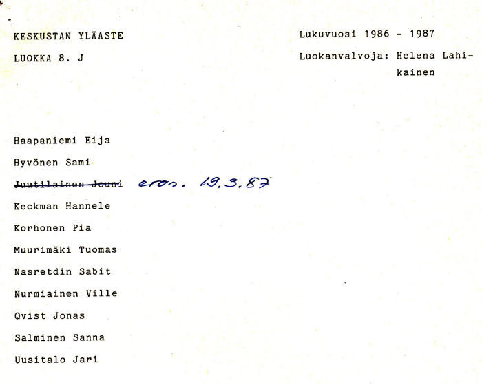 Oppilasluettelo yl�aste 1986-87 sivu 20