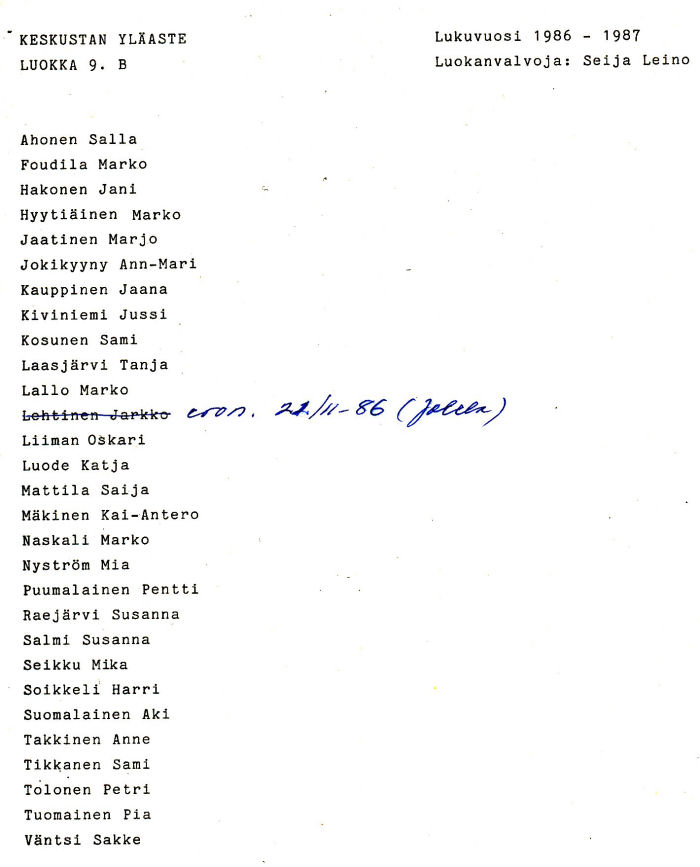Oppilasluettelo yl�aste 1986-87 sivu 22
