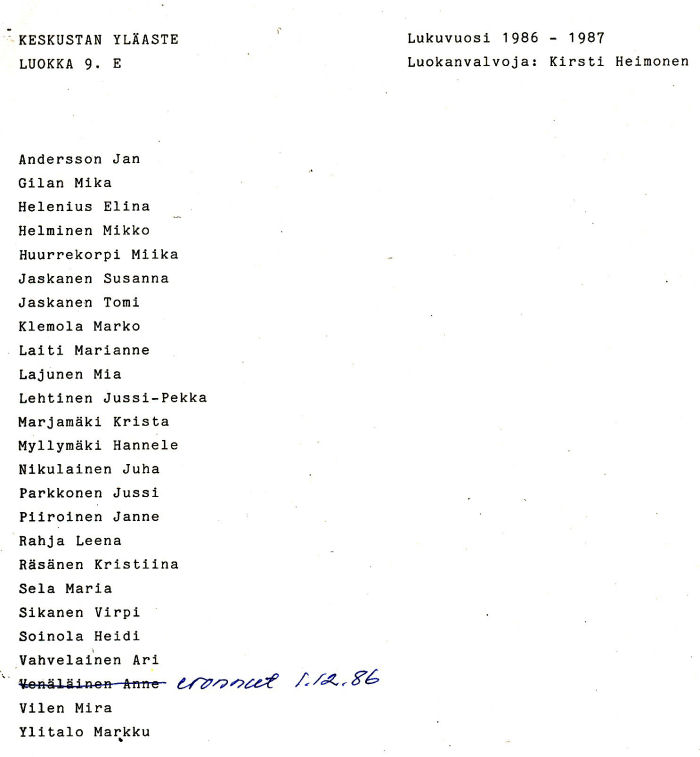 Oppilasluettelo yl�aste 1986-87 sivu 25