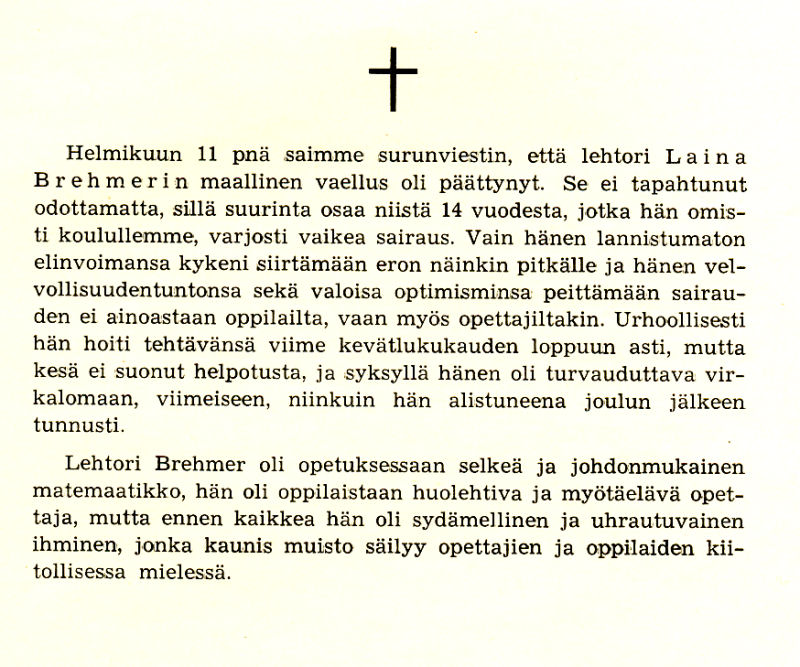 Laina Brehmerin muistokirjoitus 1959_1960 vuosikirjassa