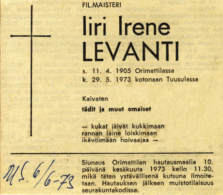 Iiri Levantinin kuolinilmoitus