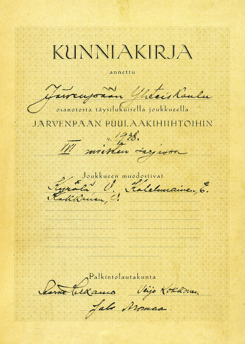 Kunniakirja puulaakihiihdossa 1938