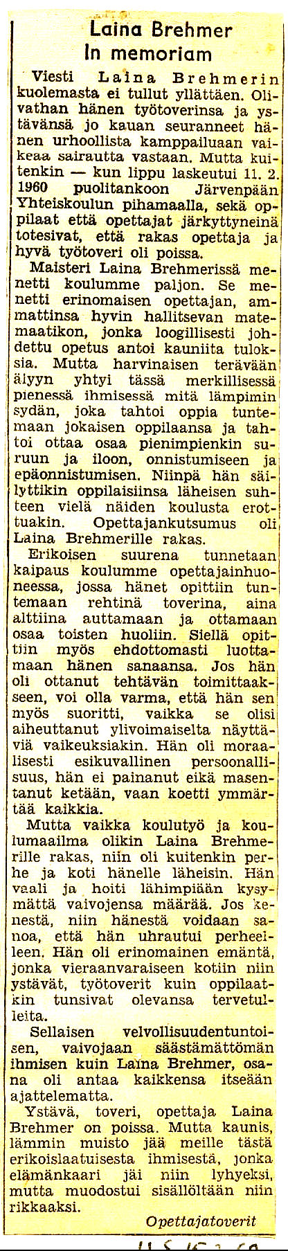 Laina Brehmerin muistokirjoitus 1959_1960 vuosikirjassa