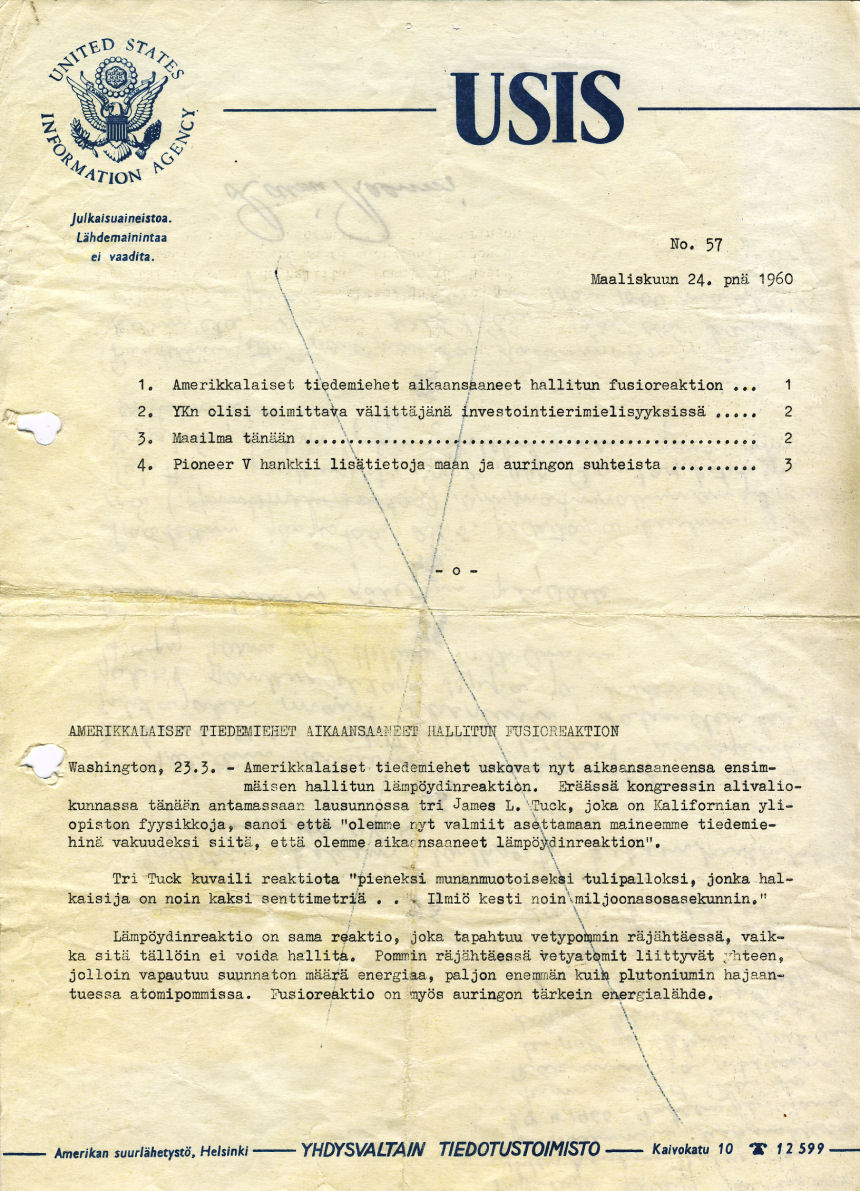 Hallituksen kokous 28.4.1960 pöytäkirjan kääntöpuoli