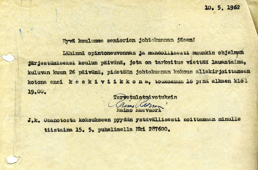 Johtokunnan kokouskutsu 16.5.1962